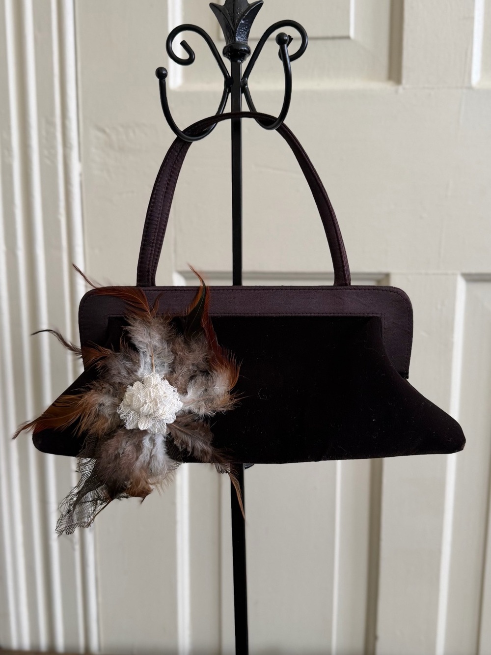 Elegant Feather hand made brooch (by me) Accent Brown Evening Handbag